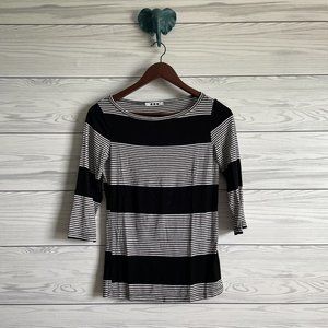 Three Dots XS Black White Striped Wide Boat Neck 3/4 Slv Stretch Knit Shirt Top